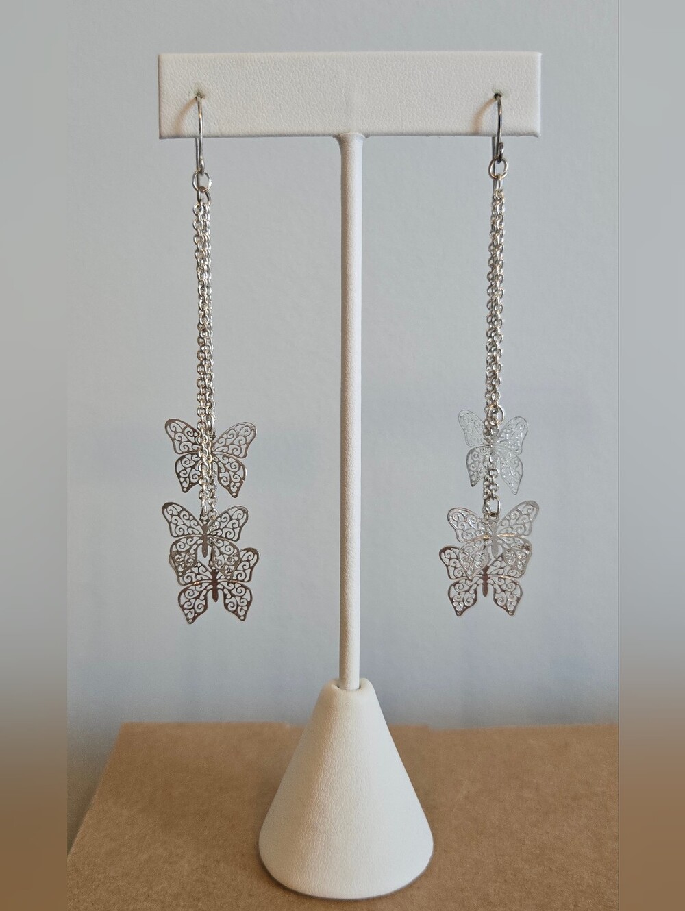 Delicate Silver Tone Filigree Butterfly Dangle Earrings